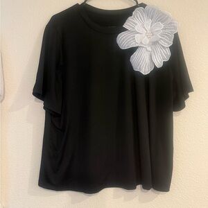 SHEIN Black Tee with White Floral Detail